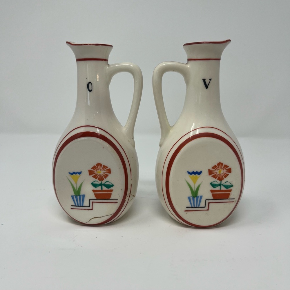 Vintage Japanese Floral Ceramic Pitchers Olive and Vinegar No lids